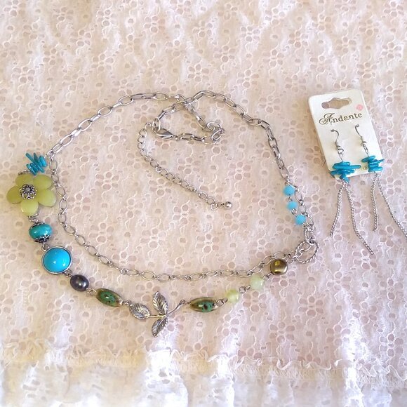 Vintage NEW Andante Handmade Teal Blue Green Beads Silver Necklace & Earrings - Picture 7 of 9